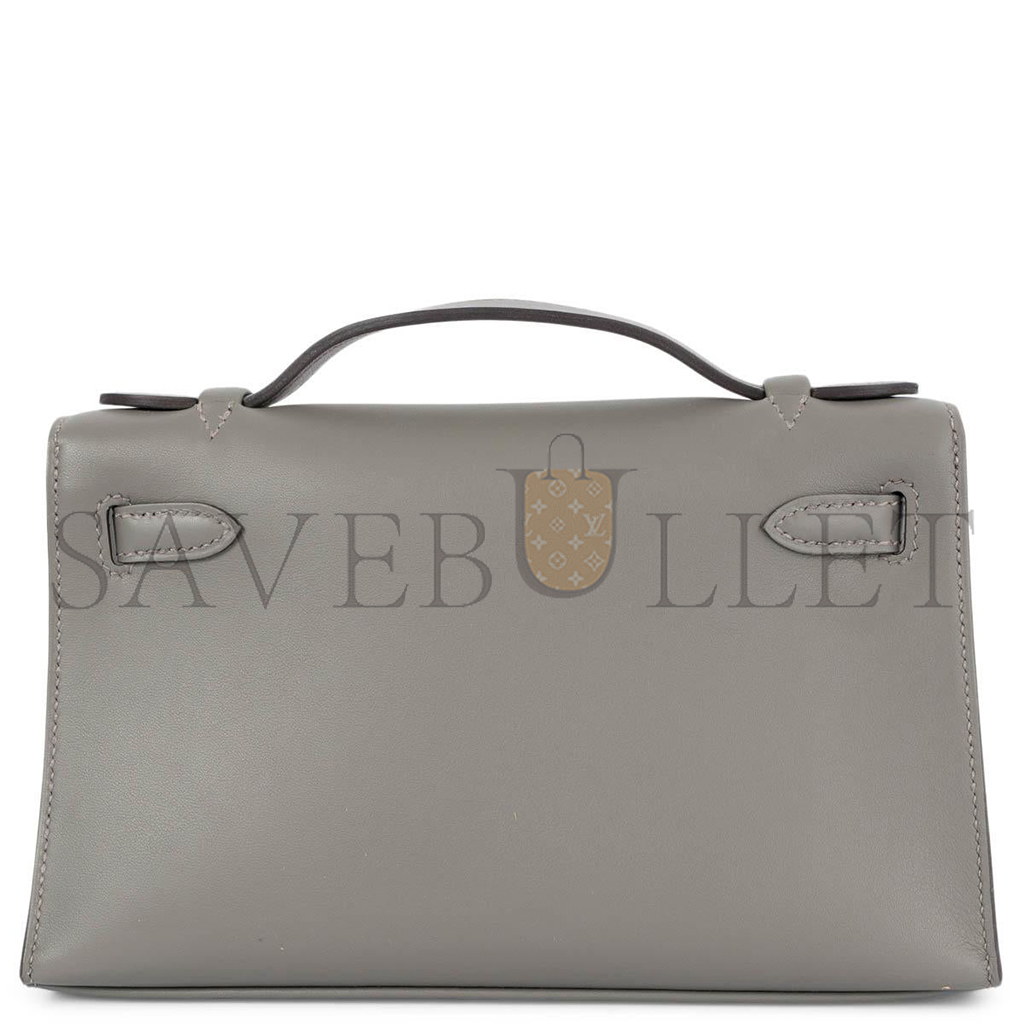 HERMÈS GRIS MEYER GRAY SWIFT LEATHER KELLY POCHETTE CLUTCH BAG W GOLD (22*14*7cm) 